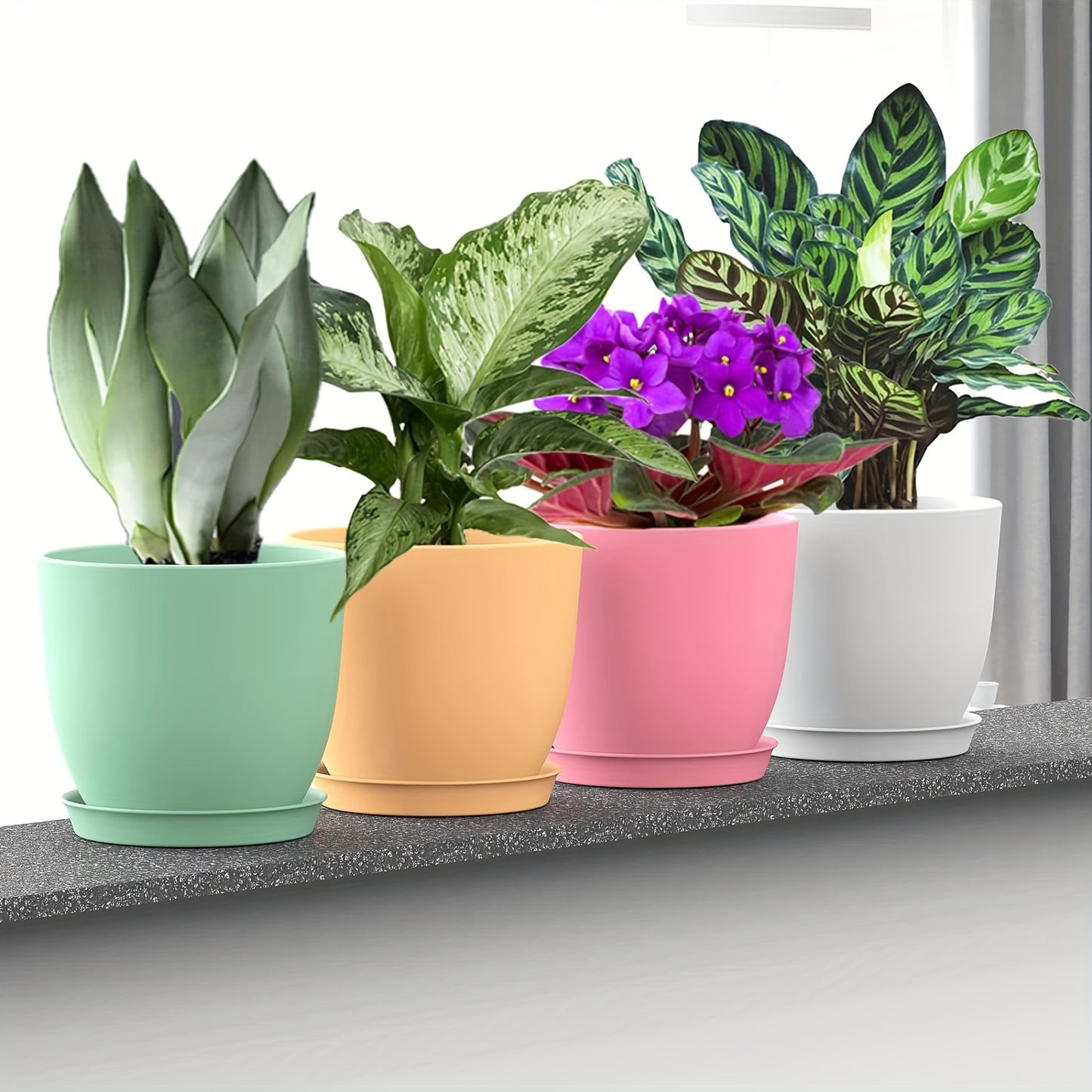 12-delige Set Klassieke Plastic Bloempotten met Schotel – voor Binnen- en Buitengebruik