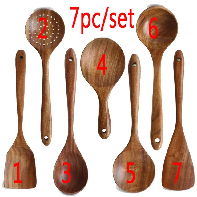 Teakhouten Keukengerei Set – Natuurlijke Houten Kooklepels & Spatels