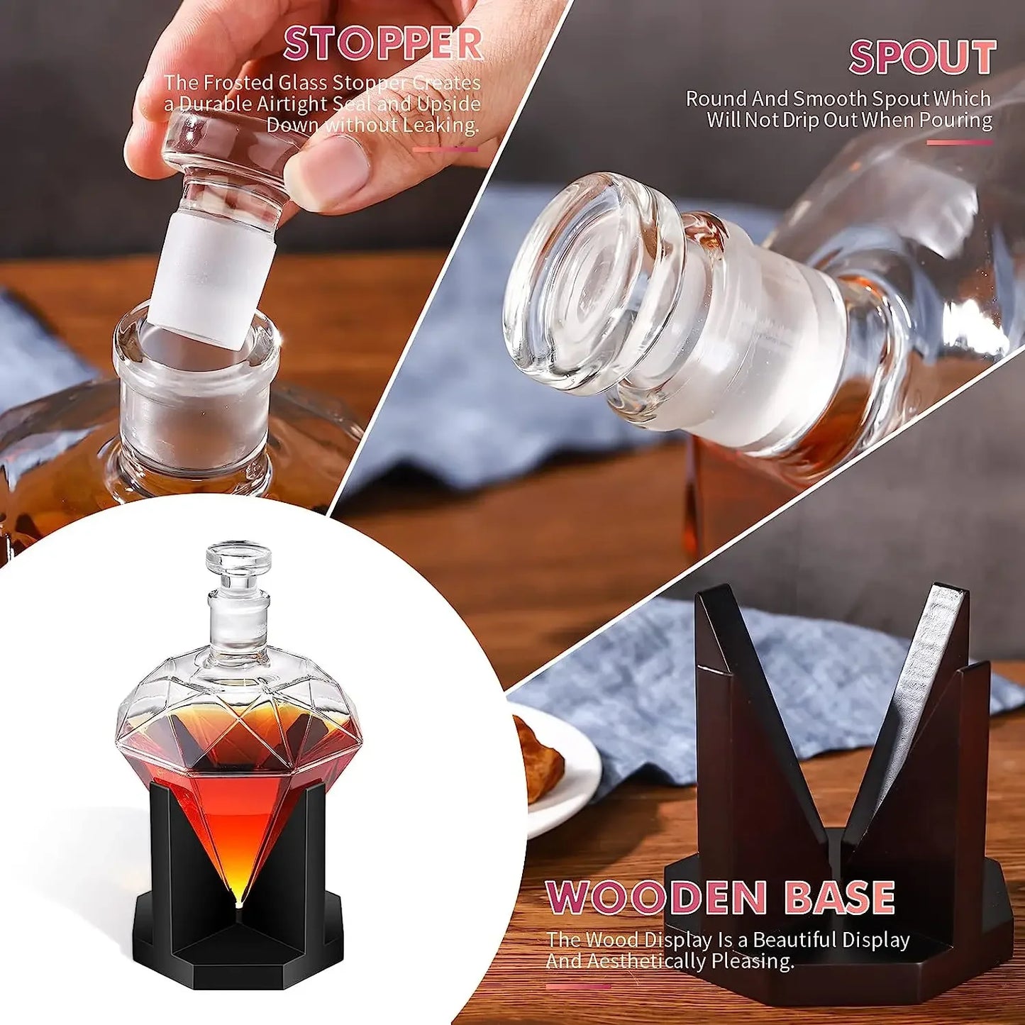 Diamant Luxe Whisky Karaf – Stijlvolle Glazen karaf met Houten Houder
