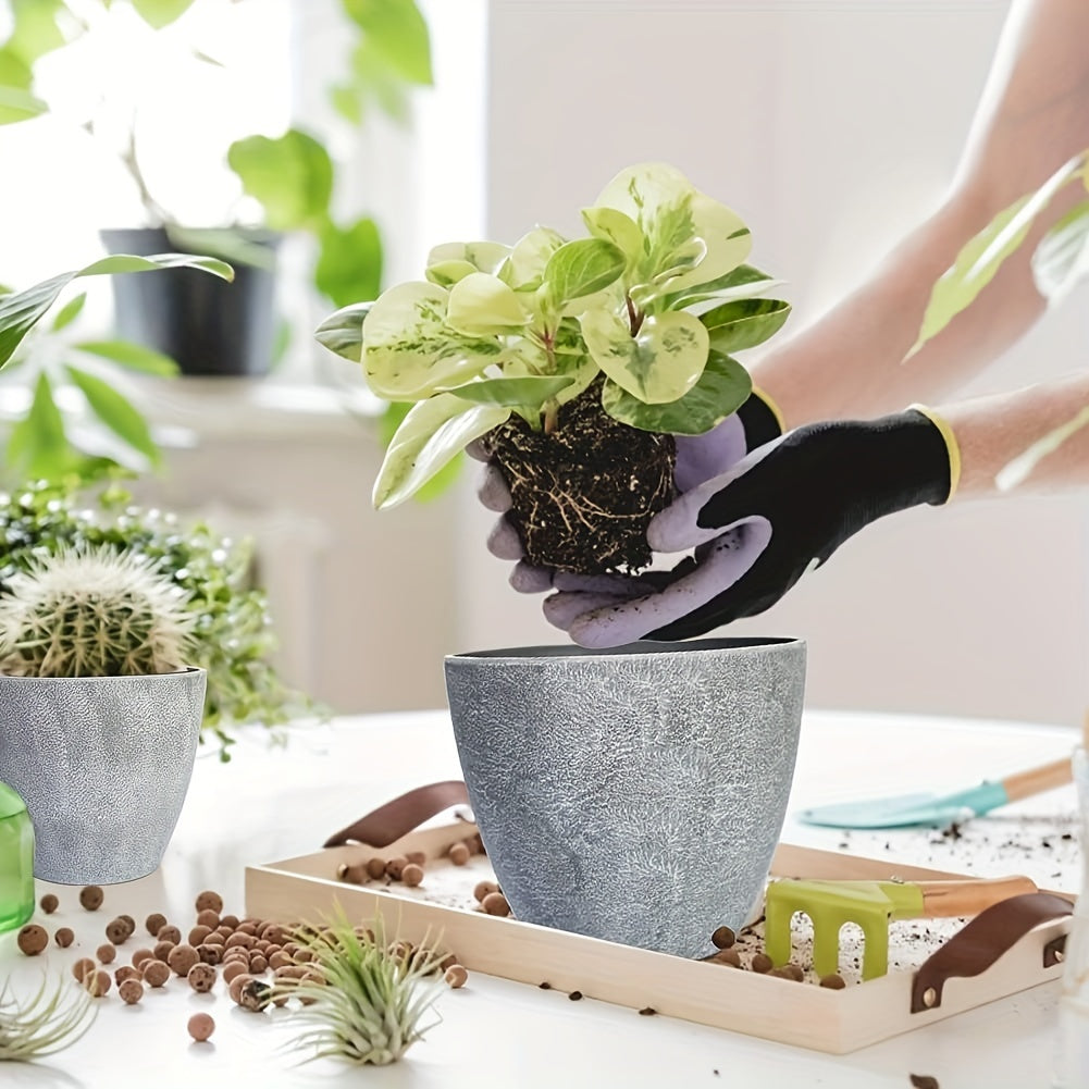 Set Grijze Plantenbakken – Moderne Ronde Bloempotten met Afvoergaten voor Binnen en Buiten