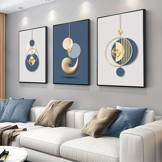 Canvas Set – Gouden & Blauwe Abstracte Kunst (3 stuks)
