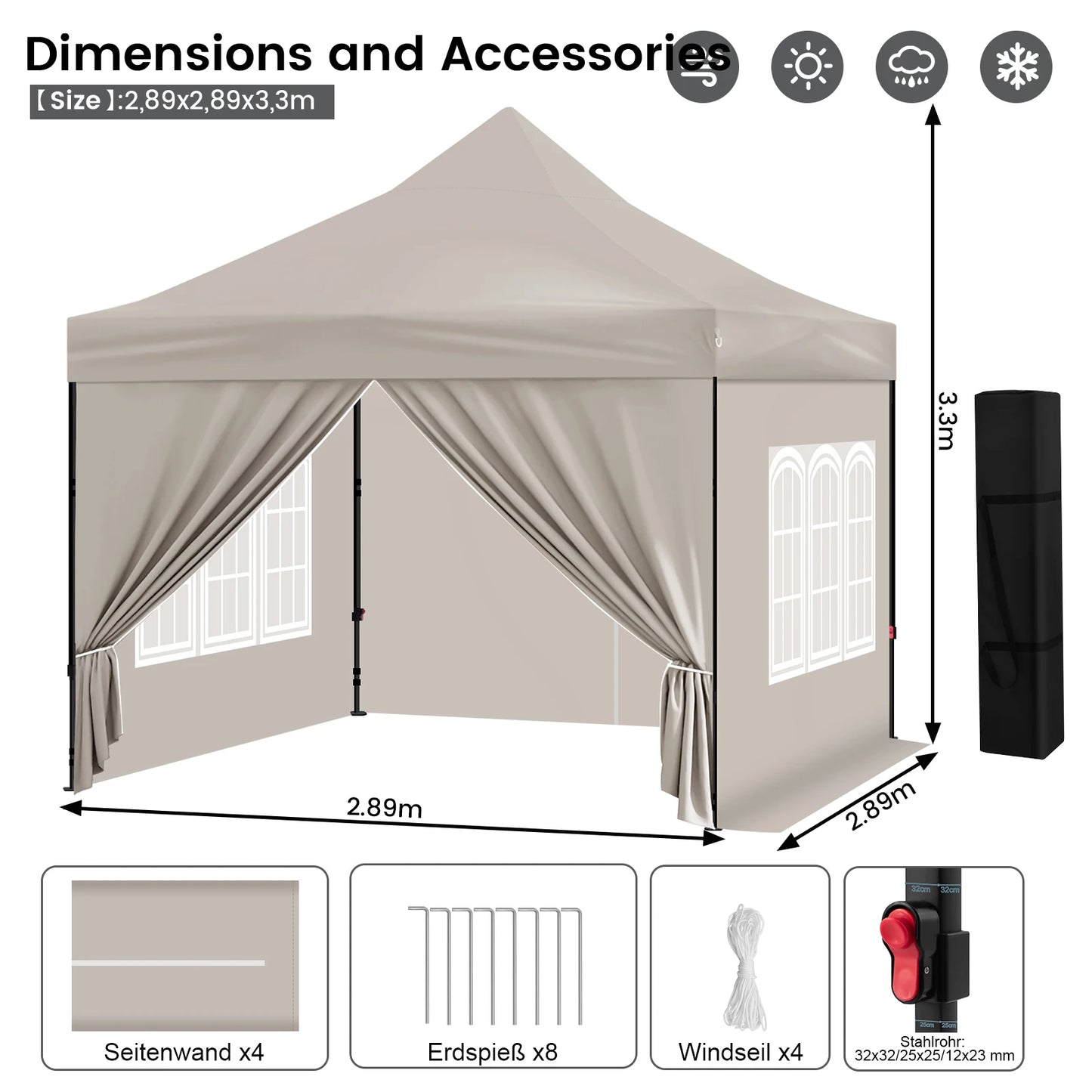 Opvouwbare Outdoor Partytent 3x3m – Waterdicht & UV-bestendig met Verstelbare Hoogte en 4 Afneembare Zijwanden