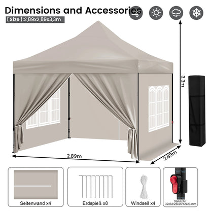 Opvouwbare Outdoor Partytent 3x3m – Waterdicht & UV-bestendig met Verstelbare Hoogte en 4 Afneembare Zijwanden