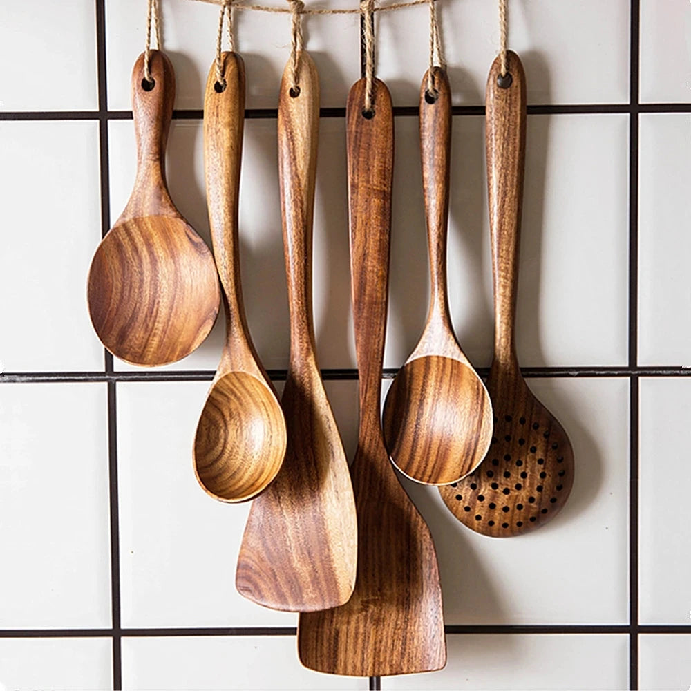 Teakhouten Keukengerei Set – Natuurlijke Houten Kooklepels & Spatels