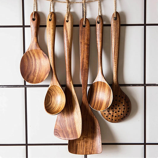 Teakhouten Keukengerei Set – Natuurlijke Houten Kooklepels & Spatels