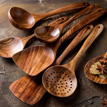 Teakhouten Keukengerei Set – Natuurlijke Houten Kooklepels & Spatels