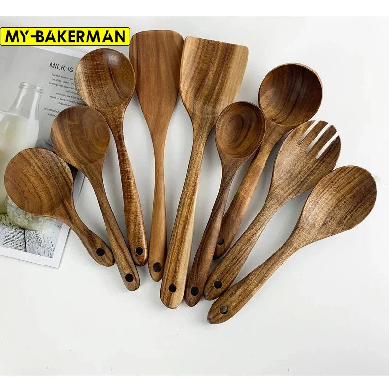 Teakhouten Keukengerei Set – Natuurlijke Houten Kooklepels & Spatels