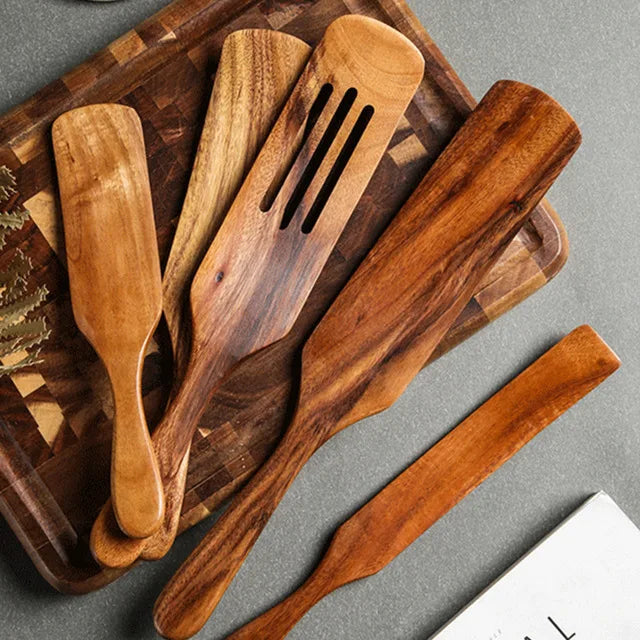 Teakhouten Keukengerei Set – Natuurlijke Houten Kooklepels & Spatels