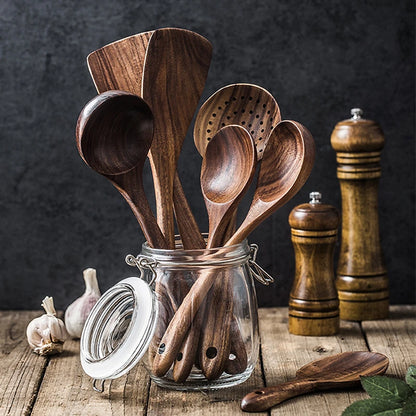 Teakhouten Keukengerei Set – Natuurlijke Houten Kooklepels & Spatels