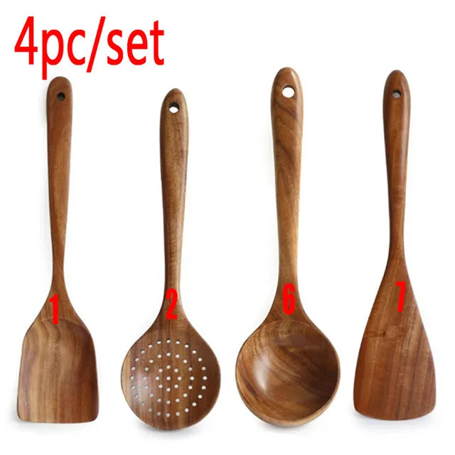 Teakhouten Keukengerei Set – Natuurlijke Houten Kooklepels & Spatels