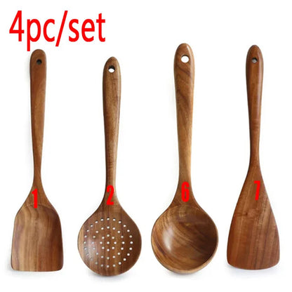 Teakhouten Keukengerei Set – Natuurlijke Houten Kooklepels & Spatels